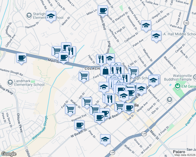 map of restaurants, bars, coffee shops, grocery stores, and more near 23 Ford Street in Watsonville