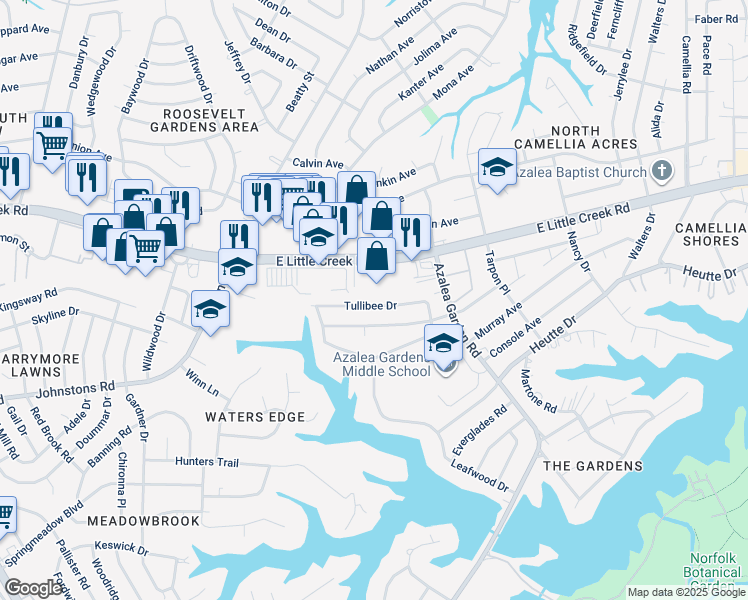 map of restaurants, bars, coffee shops, grocery stores, and more near 2448 Tullibee Drive in Norfolk