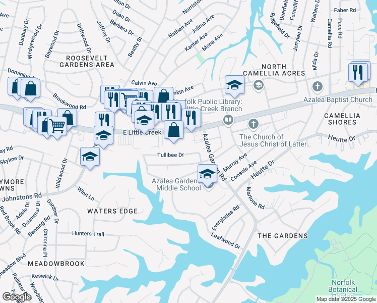 map of restaurants, bars, coffee shops, grocery stores, and more near 2472 Tullibee Drive in Norfolk