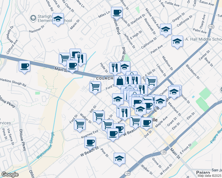 map of restaurants, bars, coffee shops, grocery stores, and more near 23 Ford Street in Watsonville