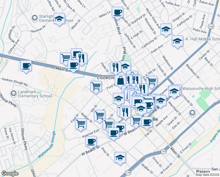 map of restaurants, bars, coffee shops, grocery stores, and more near 41 Kilburn Street in Watsonville