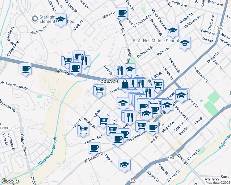 map of restaurants, bars, coffee shops, grocery stores, and more near 41 Kilburn Street in Watsonville