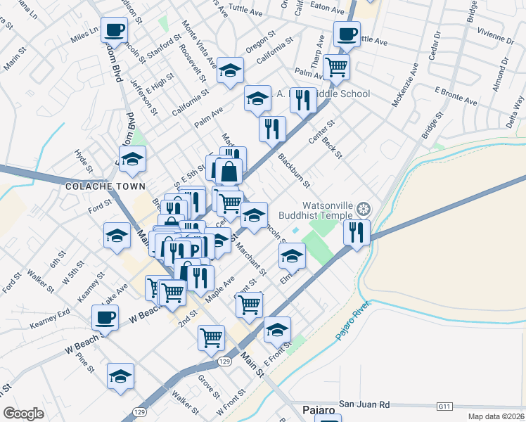 map of restaurants, bars, coffee shops, grocery stores, and more near East Beach Street in Watsonville
