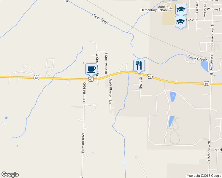 map of restaurants, bars, coffee shops, grocery stores, and more near 17 Apple Blossom Lane in Monett