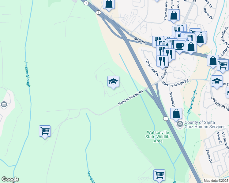 map of restaurants, bars, coffee shops, grocery stores, and more near 500 Harkins Slough Road in Watsonville