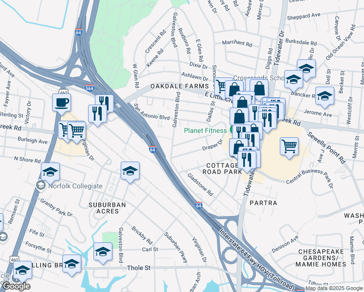 map of restaurants, bars, coffee shops, grocery stores, and more near 407 Macdonald Road in Norfolk