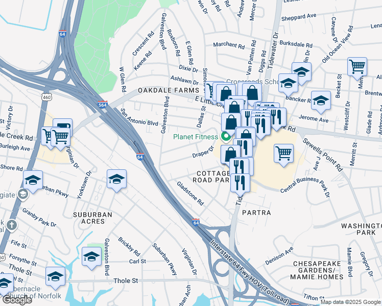 map of restaurants, bars, coffee shops, grocery stores, and more near 426 Draper Drive in Norfolk