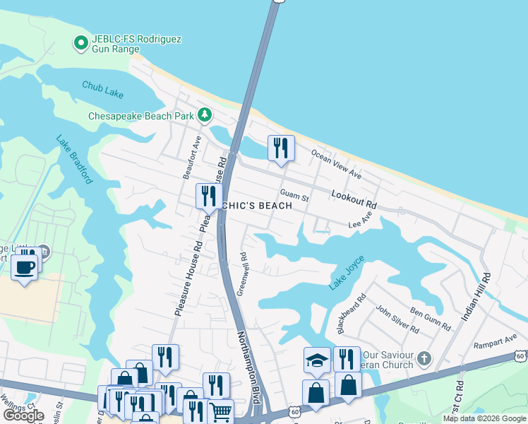 map of restaurants, bars, coffee shops, grocery stores, and more near 4533 Coronet Avenue in Virginia Beach