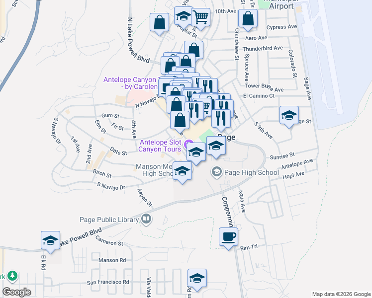 map of restaurants, bars, coffee shops, grocery stores, and more near 142 6th Avenue in Page