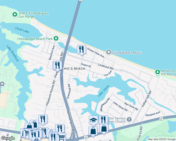 map of restaurants, bars, coffee shops, grocery stores, and more near 4500 Coronet Avenue in Virginia Beach