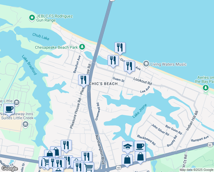 map of restaurants, bars, coffee shops, grocery stores, and more near 4533 Coronet Avenue in Virginia Beach