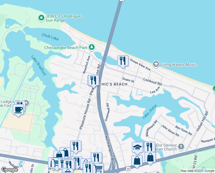map of restaurants, bars, coffee shops, grocery stores, and more near in Virginia Beach