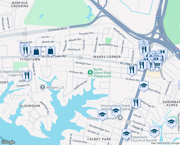 map of restaurants, bars, coffee shops, grocery stores, and more near in Norfolk