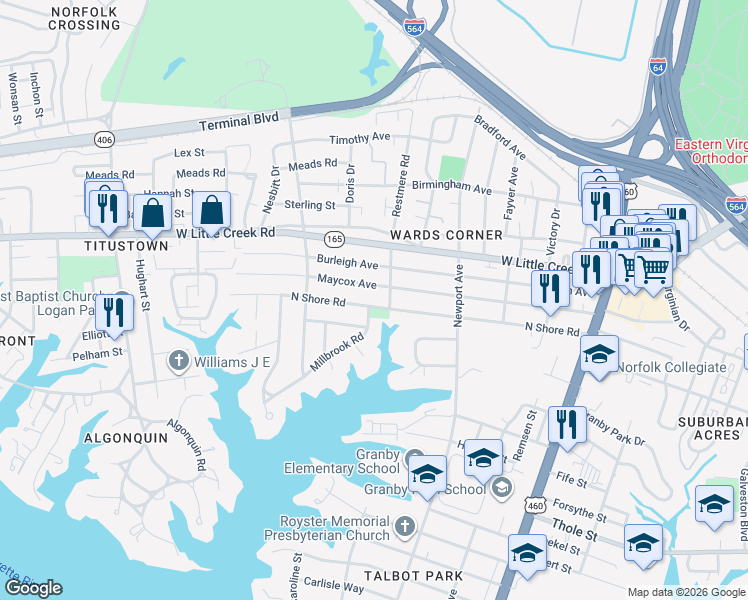 map of restaurants, bars, coffee shops, grocery stores, and more near in Norfolk