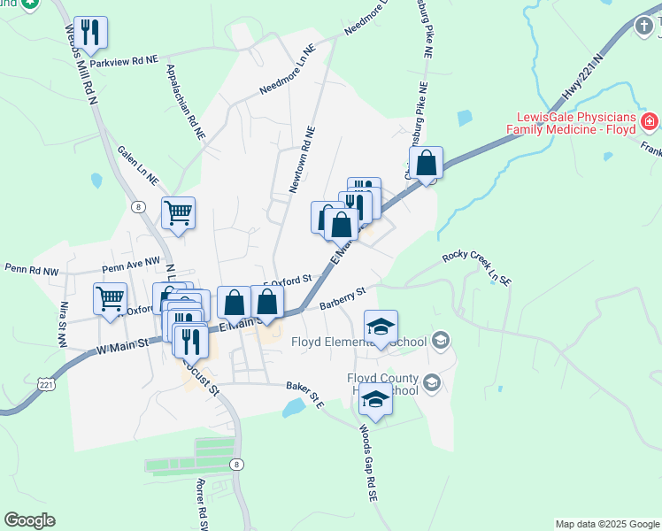 map of restaurants, bars, coffee shops, grocery stores, and more near State Route 615 in Floyd