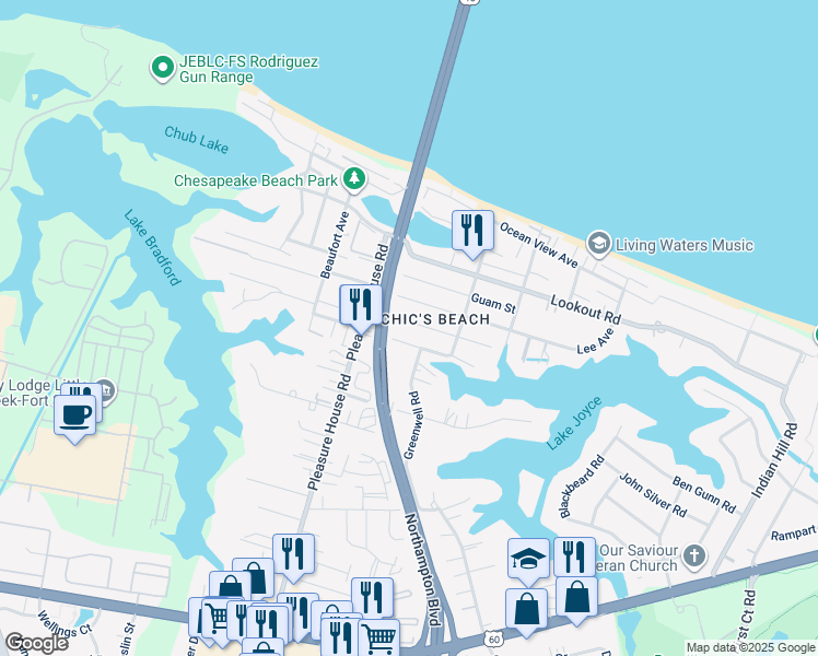 map of restaurants, bars, coffee shops, grocery stores, and more near 4631 Coronet Avenue in Virginia Beach