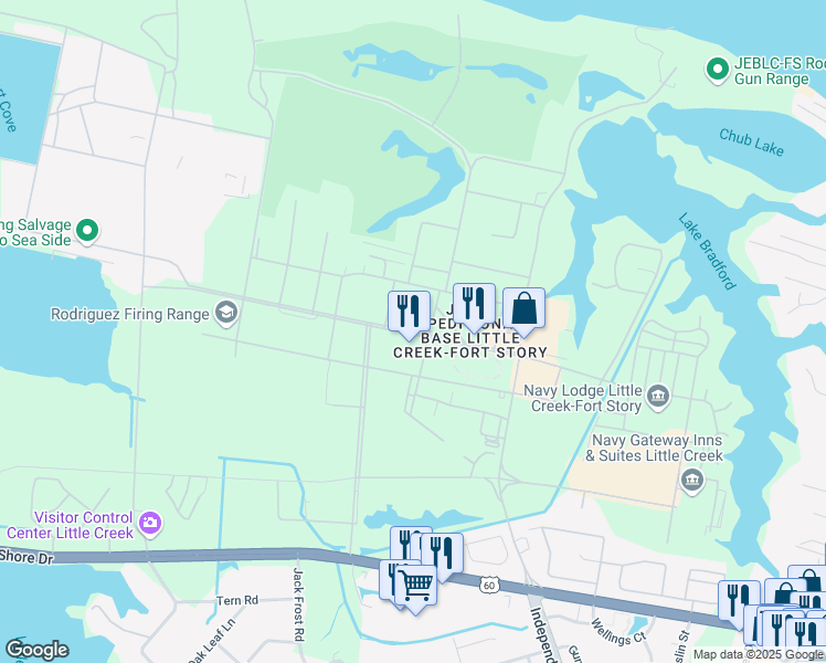map of restaurants, bars, coffee shops, grocery stores, and more near 1400 Gator Boulevard in Virginia Beach