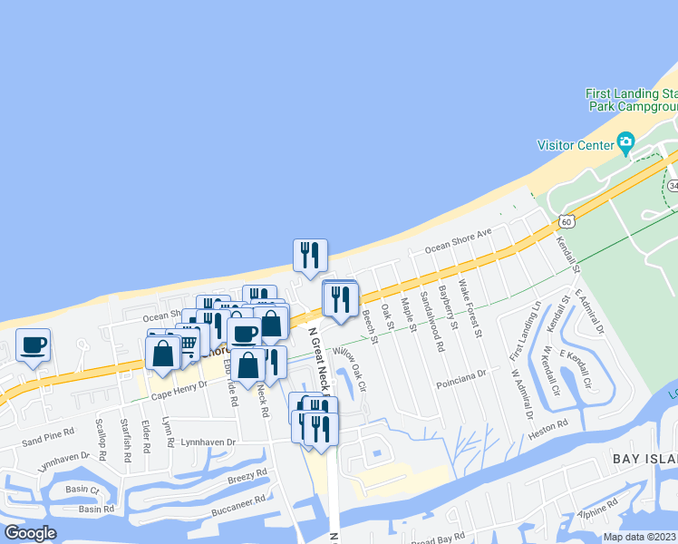 map of restaurants, bars, coffee shops, grocery stores, and more near 2344 Croix Drive in Virginia Beach