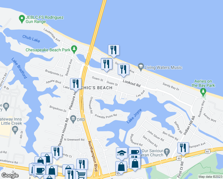 map of restaurants, bars, coffee shops, grocery stores, and more near 4513 Lee Avenue in Virginia Beach