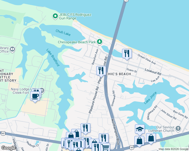 map of restaurants, bars, coffee shops, grocery stores, and more near 2400 Courtyard Lane in Virginia Beach