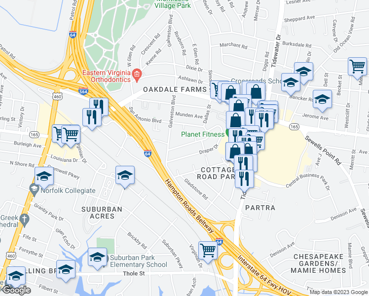 map of restaurants, bars, coffee shops, grocery stores, and more near 413 Macdonald Road in Norfolk