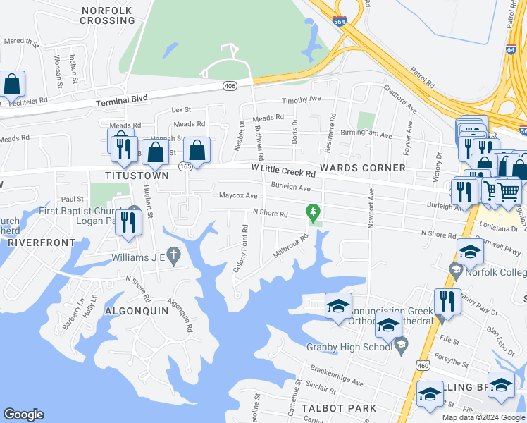 map of restaurants, bars, coffee shops, grocery stores, and more near 7501 Ruthven Road in Norfolk