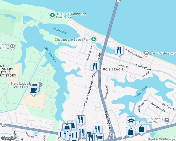 map of restaurants, bars, coffee shops, grocery stores, and more near 2400 Beaufort Avenue in Virginia Beach