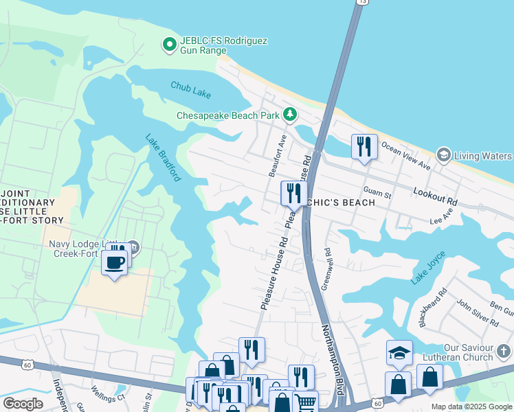map of restaurants, bars, coffee shops, grocery stores, and more near 2400 Beaufort Avenue in Virginia Beach