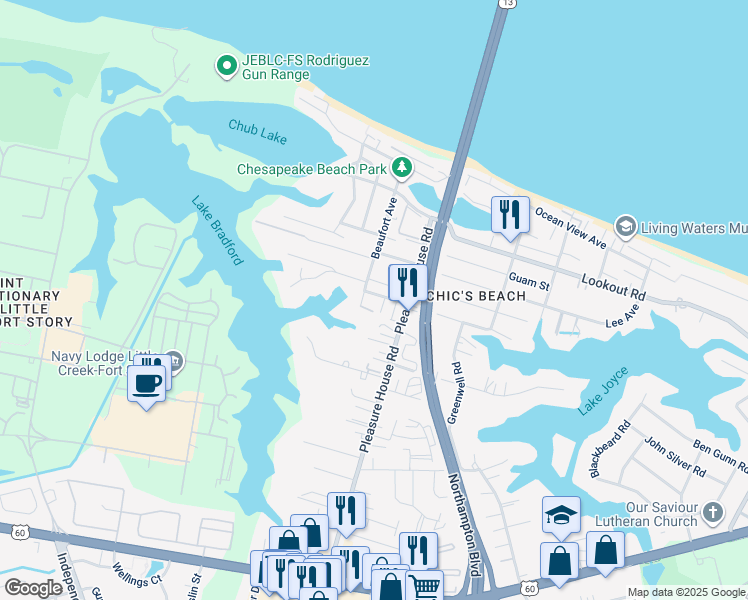 map of restaurants, bars, coffee shops, grocery stores, and more near 4825 Lake Drive in Virginia Beach