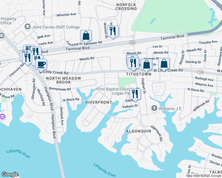 map of restaurants, bars, coffee shops, grocery stores, and more near 1320 Milton Street in Norfolk