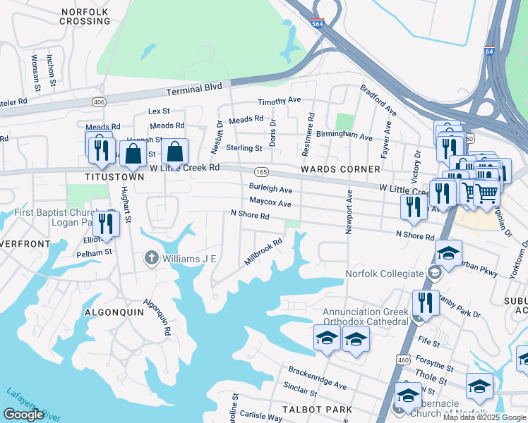 map of restaurants, bars, coffee shops, grocery stores, and more near 518 North Shore Road in Norfolk