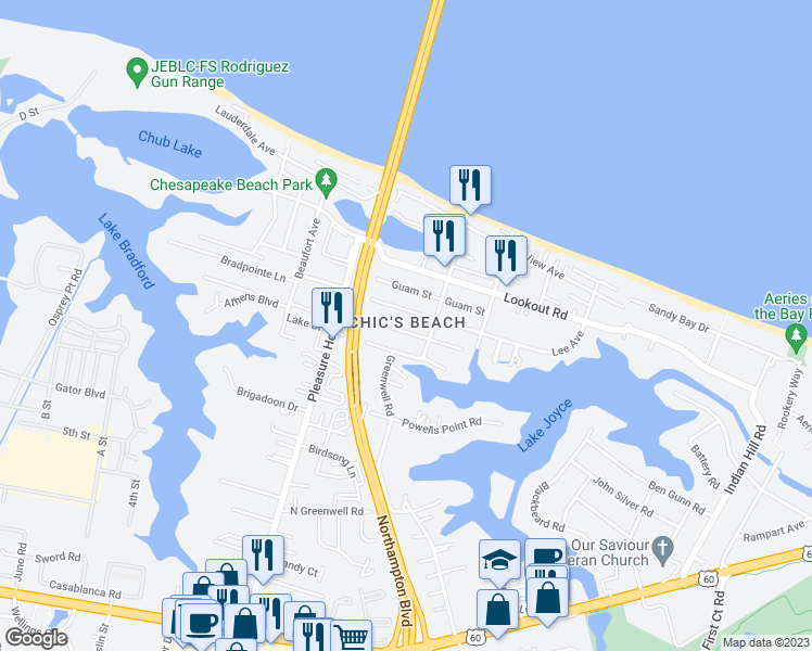 map of restaurants, bars, coffee shops, grocery stores, and more near 4618 Coronet Avenue in Virginia Beach