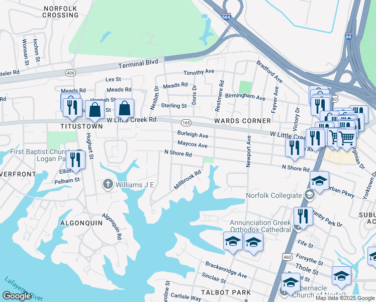 map of restaurants, bars, coffee shops, grocery stores, and more near 518 North Shore Road in Norfolk