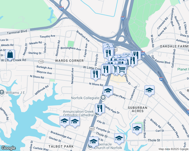 map of restaurants, bars, coffee shops, grocery stores, and more near 123 Maycox Avenue in Norfolk