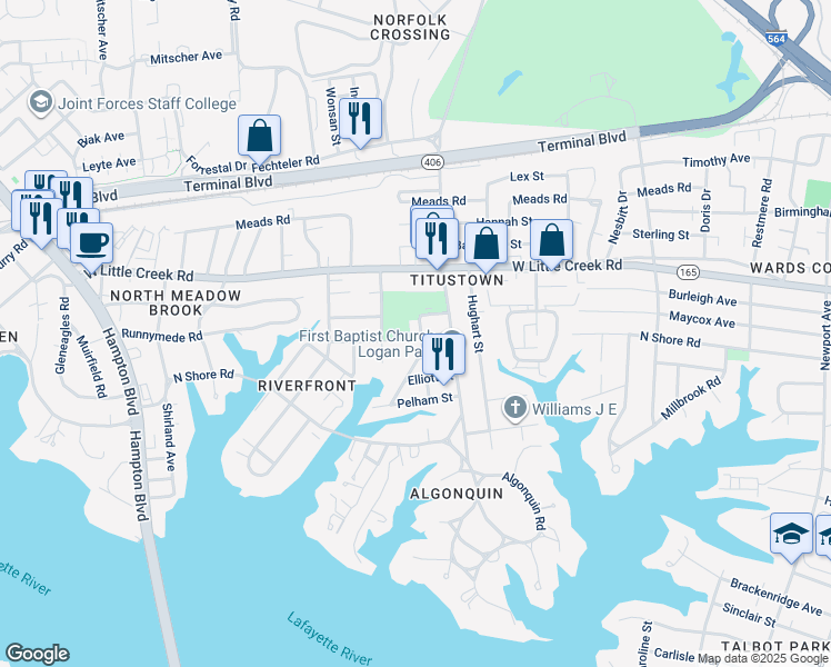 map of restaurants, bars, coffee shops, grocery stores, and more near 7521 Fargo Avenue in Norfolk