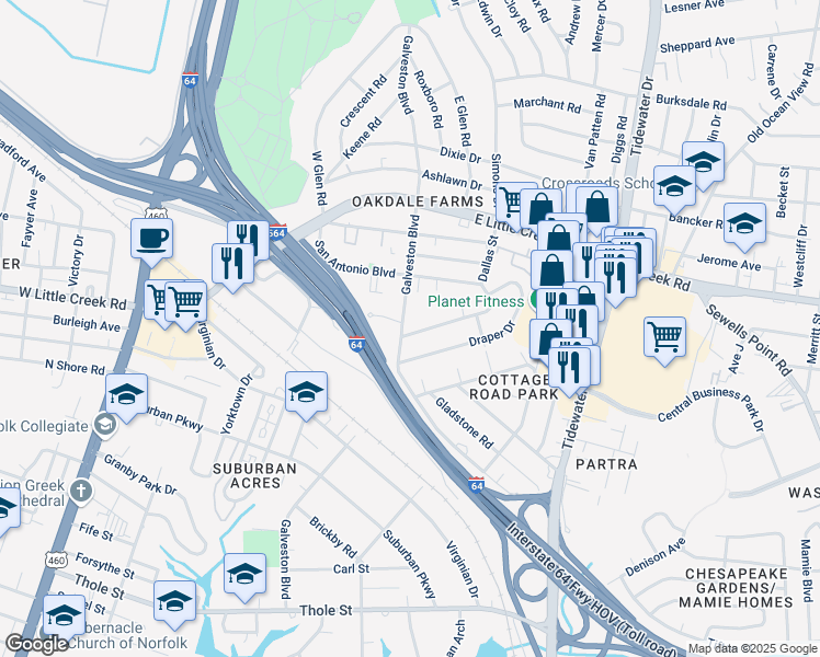 map of restaurants, bars, coffee shops, grocery stores, and more near 404 Macdonald Road in Norfolk