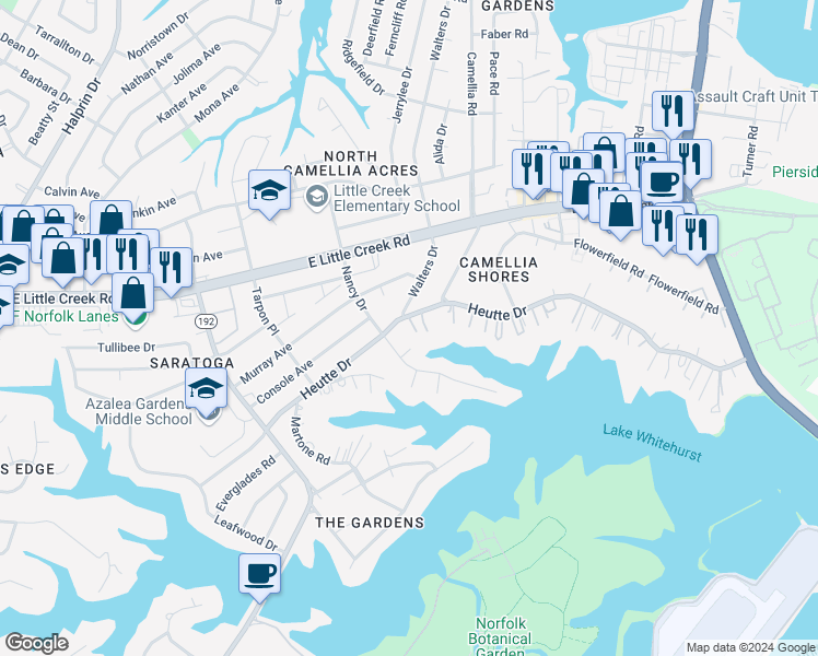 map of restaurants, bars, coffee shops, grocery stores, and more near 2917 Heutte Drive in Norfolk