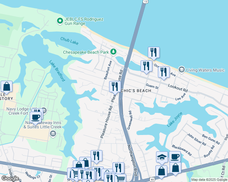 map of restaurants, bars, coffee shops, grocery stores, and more near 2459 Pleasure House Road in Virginia Beach