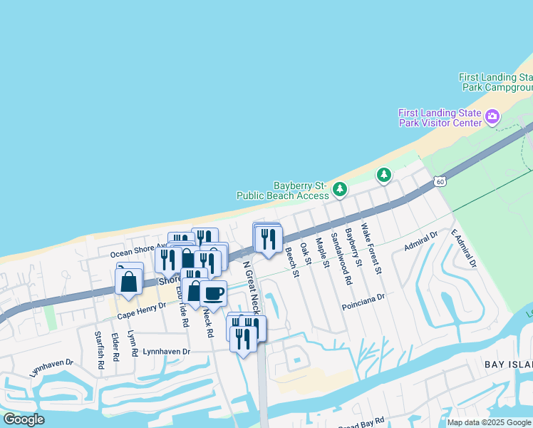 map of restaurants, bars, coffee shops, grocery stores, and more near 2816 Charlemagne Drive in Virginia Beach