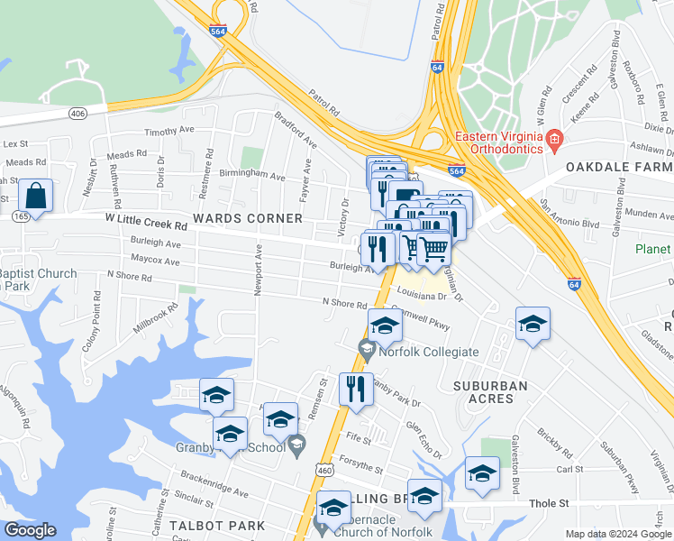 map of restaurants, bars, coffee shops, grocery stores, and more near 201 Burleigh Avenue in Norfolk