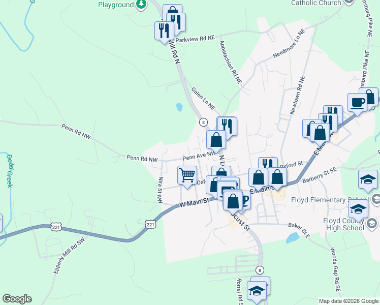 map of restaurants, bars, coffee shops, grocery stores, and more near 308 Penn Avenue Northwest in Floyd