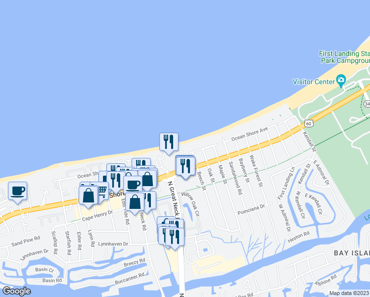 map of restaurants, bars, coffee shops, grocery stores, and more near 2816 Charlemagne Drive in Virginia Beach
