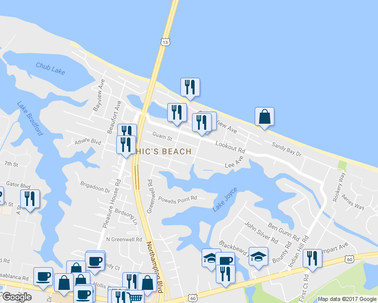 map of restaurants, bars, coffee shops, grocery stores, and more near 4510 Lee Avenue in Virginia Beach