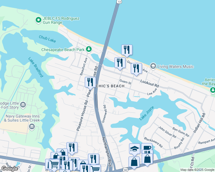 map of restaurants, bars, coffee shops, grocery stores, and more near 4626 Coronet Avenue in Virginia Beach
