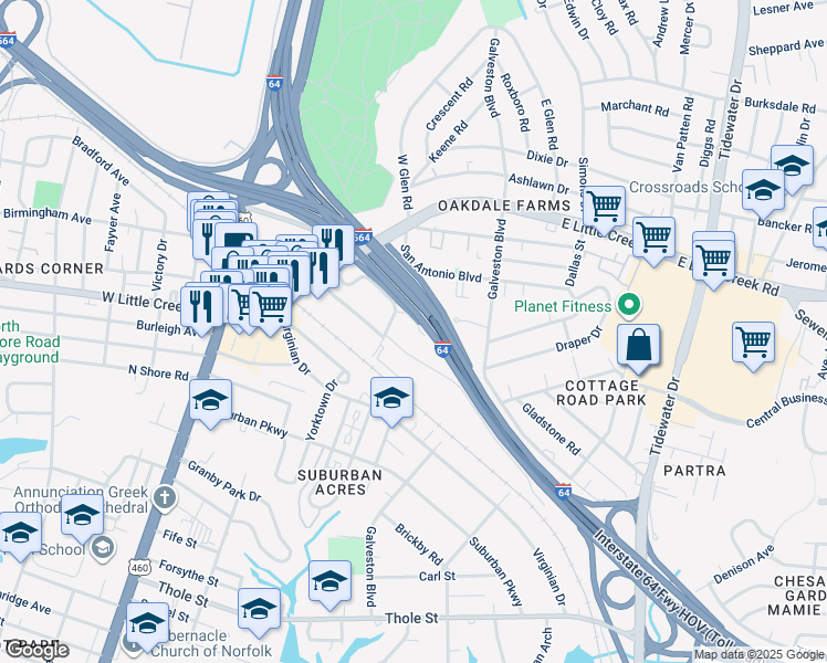 map of restaurants, bars, coffee shops, grocery stores, and more near 301 Naval Base Road in Norfolk