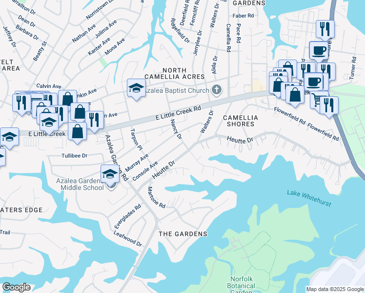 map of restaurants, bars, coffee shops, grocery stores, and more near 2771 Console Avenue in Norfolk