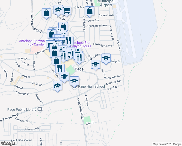 map of restaurants, bars, coffee shops, grocery stores, and more near 255 South Lake Powell Boulevard in Page