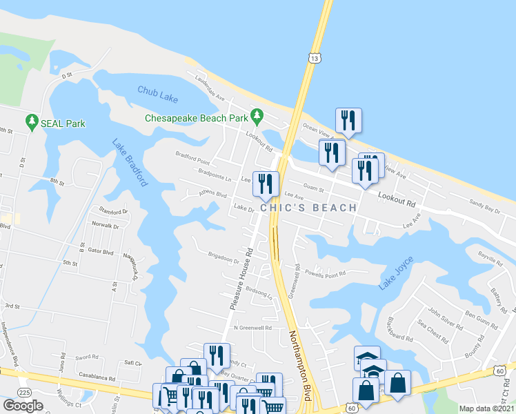 map of restaurants, bars, coffee shops, grocery stores, and more near 2400 Courtyard Lane in Virginia Beach