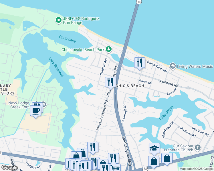 map of restaurants, bars, coffee shops, grocery stores, and more near 2400 Courtyard Lane in Virginia Beach