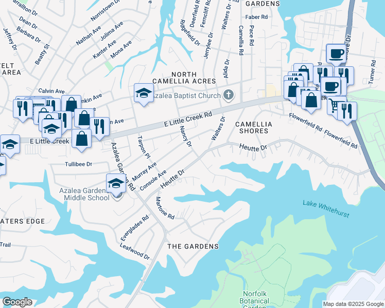 map of restaurants, bars, coffee shops, grocery stores, and more near 2771 Console Avenue in Norfolk